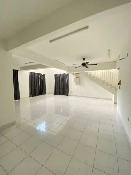 Living features: white painted walls, glossy white tile flooring, 5-blade ceiling fan, floor-to-ceiling windows with grey curtains, air conditioning unit, staircase leading to upper floor, recessed lighting, open layout; style: modern.