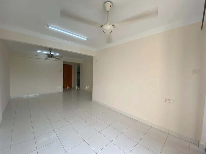 Living features: white painted walls, glossy white tile flooring, 5-blade ceiling fan with light, recessed LED downlights, large open space, neutral color scheme, no visible furniture, floor-to-ceiling windows, doorway leading to another room; style: modern.