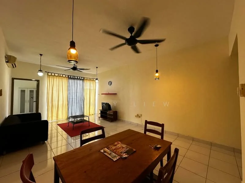 Living features: 3-blade ceiling fan, wall-mounted TV, black leather sofa, wooden dining table with chairs, red area rug, floor-to-ceiling windows with sheer curtains, white painted walls, ceramic tile flooring, recessed downlights, air conditioning unit; style: modern.