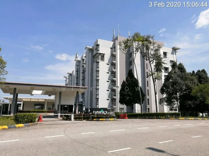 Exterior type: mid-rise condominium; features: white painted facade, glass curtain wall, recessed balconies, landscaped garden, manicured lawn, mature trees, driveway with interlocking pavers, covered parking, double-volume main lobby, security guard house at entrance; style: modern.