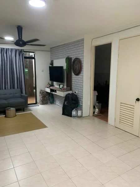 Living features: grey fabric sofa, wall-mounted TV, white wall with stone cladding, light-colored tiled flooring, ceiling fan, curtains, decorative wall clock, shelving unit, area rug, potted plant, doorway to adjacent room; style: modern.