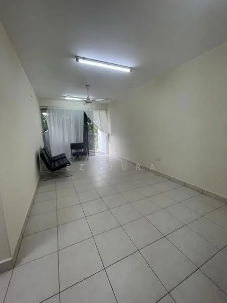 Living features: white painted walls, ceramic tile flooring, recessed LED downlights, 5-blade ceiling fan, floor-to-ceiling windows, sheer curtains, sliding glass door, view of greenery; view: garden.