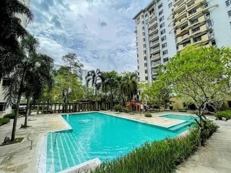 Exterior type: high-rise condominium; features: infinity pool, pool deck with loungers, manicured lawn, tropical landscaping, palm trees, surrounded by greenery, children's playground, BBQ pit; style: modern.