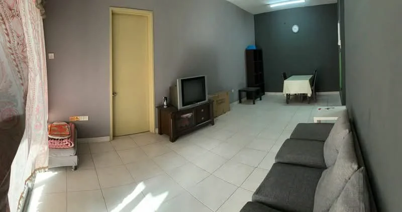 Living features: grey fabric sofa, wooden TV cabinet, flat-screen TV, dining table with chairs, light-colored wall, dark accent wall, tile flooring, curtains, wall clock; style: modern.