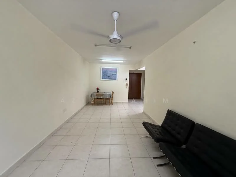 Living features: white painted walls, tile flooring, ceiling fan, dining table with chairs, black leather sofa, window with natural light, light fixture on ceiling; style: minimalist.