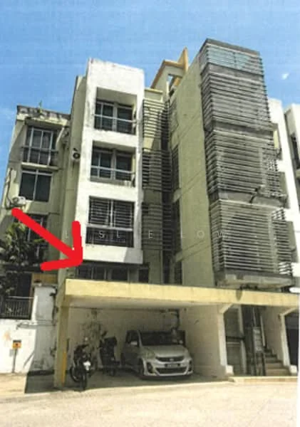 Exterior type: low-rise apartment block; features: white painted facade, glass curtain wall, metal louvre screens, car porch with awning, open-air parking lot, surrounded by greenery; style: modern.