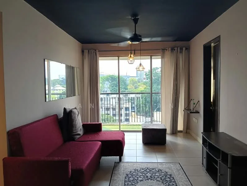 Living features: red fabric sofa, coffee table, wall-mounted TV console, area rug with geometric pattern, floor-to-ceiling windows, curtains, ceiling fan with light, hanging pendant light, tile flooring, decorative mirror; style: modern; view: garden.