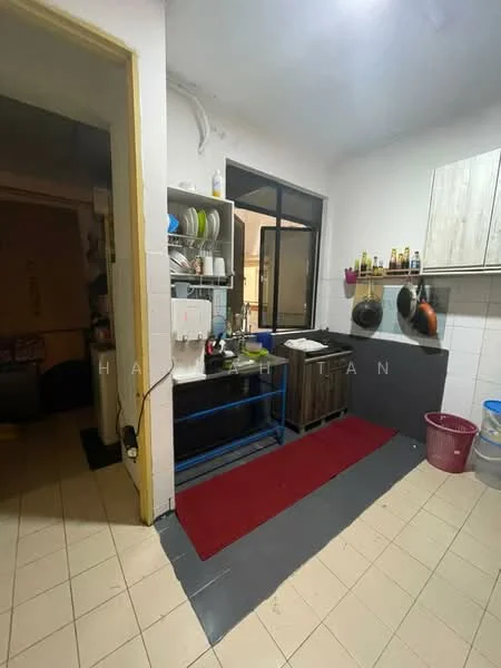 Kitchen features: single-bowl stainless-steel sink, chrome pull-down faucet, laminate countertop, wood cabinetry, white tiled backsplash, kitchen island with storage, ceramic tile flooring, refrigerator, stove with hood, open shelving, wall-mounted storage racks, red rubber mat, window with view to outside; style: modern.