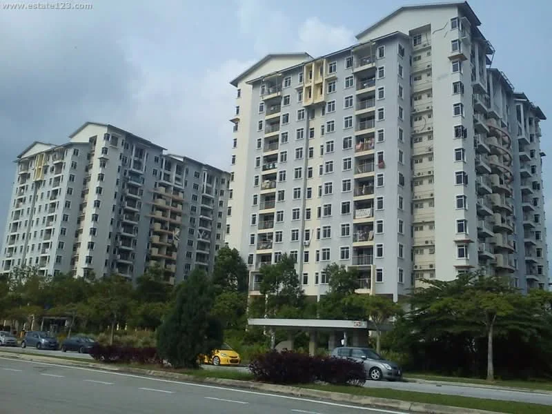 Exterior type: mid-rise condominium; features: grey painted facade, multiple balconies, landscaped garden, manicured lawn, surrounded by trees, parking area, two adjacent buildings, modern architectural design; style: modern.