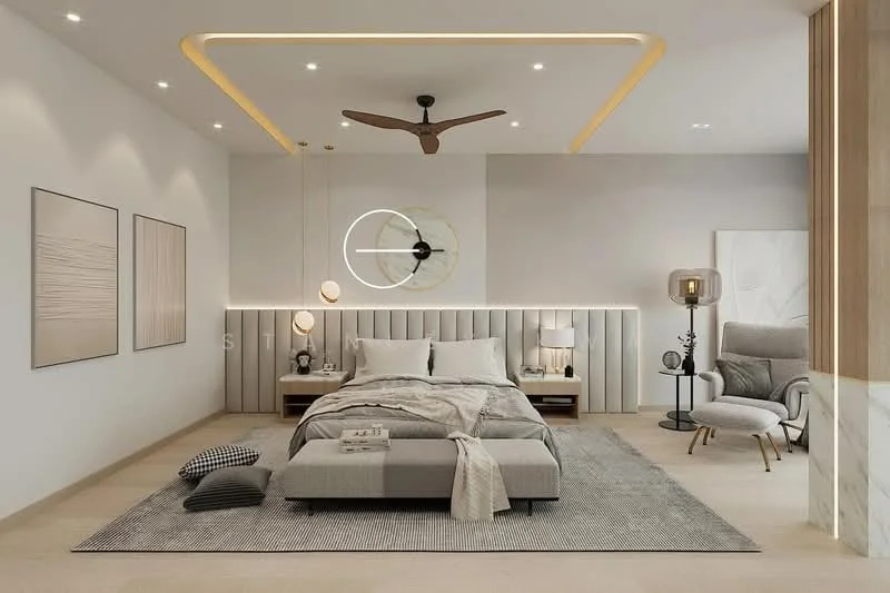 Bedroom features: king-size bed with upholstered headboard, bedside tables with lamps, area rug with geometric pattern, ceiling fan with integrated LED light, wall-mounted clock, decorative wall art, accent chair, floor lamp, neutral wall color, recessed lighting, wooden flooring, large window with natural light; style: modern.