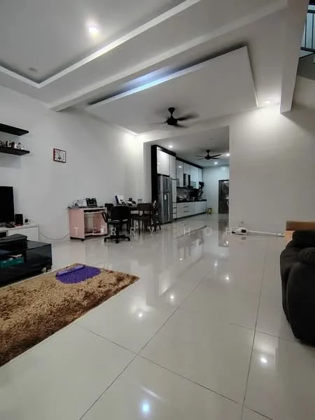 Living features: polished ceramic tile flooring, white painted walls, tray ceiling with recessed lighting, 5-blade ceiling fan, wall-mounted TV, glass coffee table, 3-seater fabric sofa in dark grey, area rug with geometric pattern, decorative wall shelf, open layout to kitchen, large windows for natural light; style: modern. Kitchen features: stainless-steel refrigerator, built-in cabinetry, open layout to living area, kitchen island, modern appliances; style: modern.