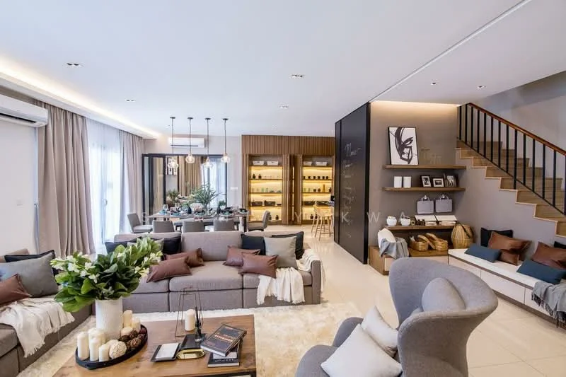 Living features: 3-seater fabric sofa in grey, 2-seater fabric sofa in beige, decorative cushions in brown and cream, coffee table with wooden surface, area rug with geometric pattern, wall-mounted TV, built-in shelving unit with decorative items, pendant lighting fixtures, floor-to-ceiling windows with sheer curtains, recessed LED downlights, wooden staircase, decorative wall art, greenery in ceramic pots, dining area with 6-seater dining table, mirrored wall; style: modern.