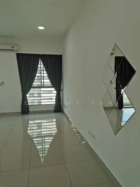 Room features: white painted walls, grey tiled flooring, floor-to-ceiling window, blackout curtains, 1 wall-mounted split AC, decorative mirror, recessed downlights; style: modern; view: city.