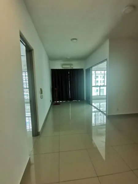 Room features: white painted walls, glossy ceramic tile flooring, recessed downlights, floor-to-ceiling windows, blackout curtains, wall-mounted split AC; style: modern; view: city.
