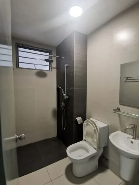 Bathroom features: walk-in shower with glass enclosure, rain shower head, handheld shower, chrome basin mixer, one-piece toilet, wall-mounted sink, framed mirror, tile cladding on walls, ceramic tile flooring, window for natural light, recessed ceiling light; style: modern.