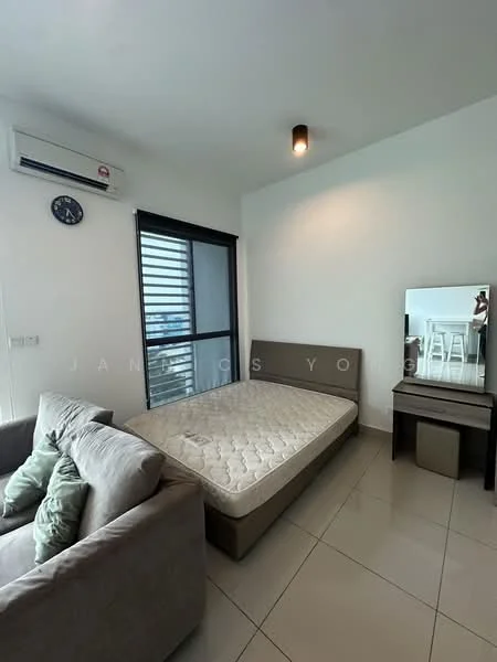 Bedroom features: queen-size bed base without mattress, 3-seater fabric sofa in grey, floor-to-ceiling window with black blinds, wall-mounted air conditioning unit, light fixture on ceiling, mirror on dresser, tile flooring, white painted walls; style: modern.