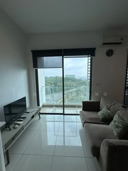 Living features: floor-to-ceiling windows, sliding glass door, grey fabric sofa, coffee table, wall-mounted TV, white painted walls, ceramic tile flooring, air conditioning unit, roller blinds, decorative wall clock; style: modern; view: city.