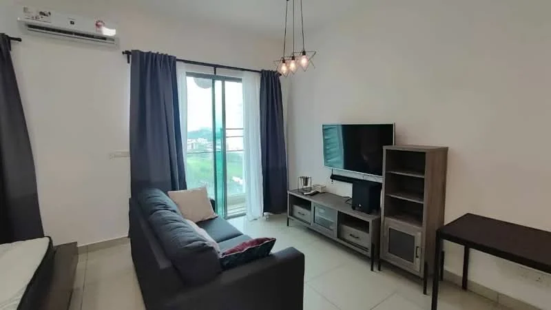 Living features: 3-seater fabric sofa in grey, coffee table, wall-mounted TV, TV console, floor-to-ceiling windows, curtains in dark blue, air conditioning unit, light fixture with multiple bulbs, tile flooring, decorative wall; style: modern; view: city.