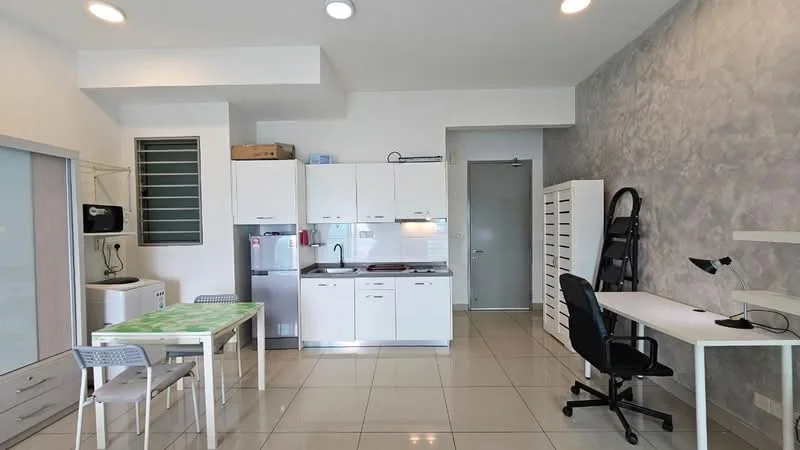Kitchen features: white cabinetry, stainless-steel fridge, built-in stove, white countertop, single-bowl stainless-steel sink, chrome pull-down faucet, ceramic tile flooring, recessed downlights, open shelving, dining table with green tablecloth, grey dining chairs, study desk with lamp, black office chair; style: modern.