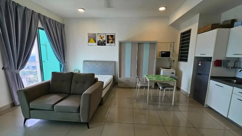 Living features: grey fabric sofa, queen-size bed frame without mattress, dining table with four chairs, white cabinetry, black refrigerator, microwave, kitchenette with sink, floor-to-ceiling window with city view, grey curtains, tile flooring, recessed ceiling lights; style: modern; view: city.