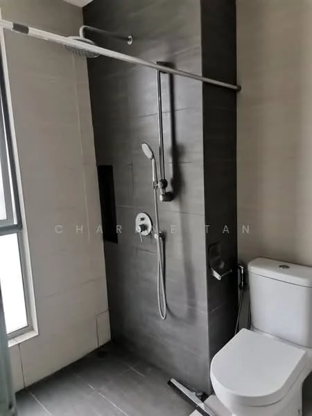 Bathroom features: walk-in shower with glass enclosure, rain shower head, handheld shower, chrome basin mixer, one-piece toilet, grey tile cladding on walls, grey tile flooring, window for natural light; style: modern.
