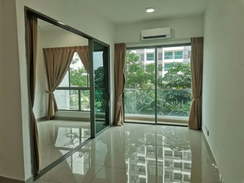 Living features: floor-to-ceiling windows, sliding glass door, cream curtains, white painted walls, polished tile flooring, recessed downlights, wall-mounted split AC, view of greenery; style: modern; view: garden.