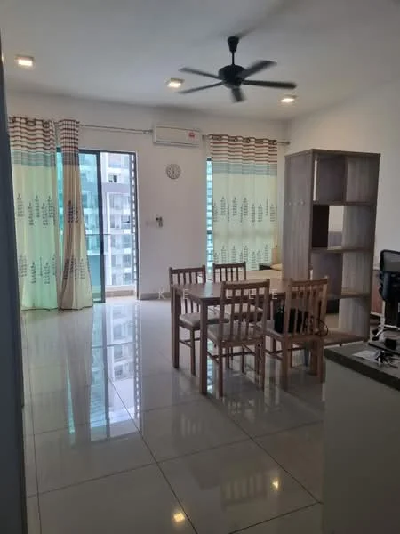 Living features: floor-to-ceiling windows, sliding glass door, 5-blade ceiling fan, cream painted walls, glossy ceramic tile flooring, dining table with 4 wooden chairs, wooden shelving unit, sheer curtains, air conditioning unit, wall clock; style: modern; view: city.