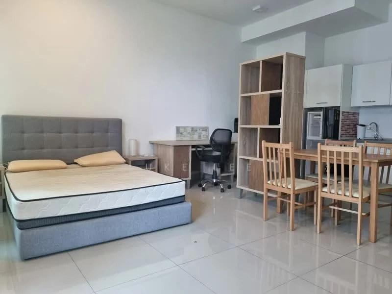 Living features: queen-size bed with grey upholstered headboard, mattress on bed, wooden dining table for four, wooden dining chairs, black office chair, built-in kitchen cabinetry, stainless-steel fridge, built-in oven, ceramic tile flooring, white painted walls, recessed downlights, open shelving unit, window with natural light; style: modern.