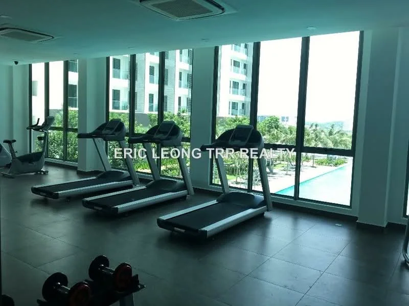 Room features: treadmills, exercise bikes, large windows, natural light, grey tile flooring, view of outdoor pool, modern gym equipment, air conditioning units; style: modern; view: pool.