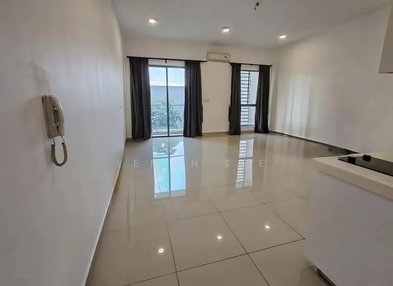 Living features: white painted walls, glossy tile flooring, floor-to-ceiling windows, sliding glass door, blackout curtains, recessed downlights, air conditioning unit, open layout, balcony view; style: modern; view: garden.