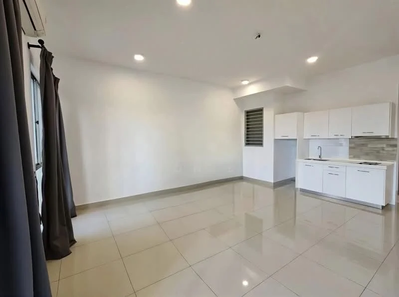 Living features: white painted walls, glossy ceramic tile flooring, recessed downlights, floor-to-ceiling windows, grey curtains, kitchenette with white cabinetry, stainless-steel sink, built-in stove, grey backsplash; style: modern.