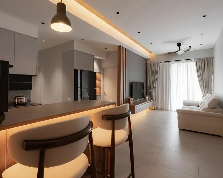 Living features: light grey walls, white ceiling with recessed downlights, 5-blade ceiling fan, floor-to-ceiling windows with sheer curtains, light-coloured sofa, wooden TV console, wall-mounted TV, open-plan layout with kitchen, bar counter with stools, tile flooring, wood panel feature wall, ambient lighting; style: modern. Kitchen features: grey cabinetry, black countertop, stainless-steel sink, built-in oven, cooktop, refrigerator, open shelving; style: modern.