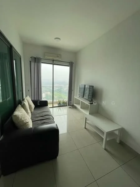 Living features: black leather sofa, white coffee table, wall-mounted TV, floor-to-ceiling windows, grey curtains, white painted walls, tile flooring, air conditioning unit; style: modern; view: city.
