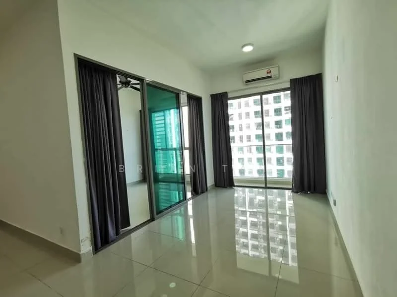 Room features: white painted walls, glossy tile flooring, floor-to-ceiling windows, sliding glass door, blackout curtains, air conditioning unit, recessed downlights; style: modern; view: city.