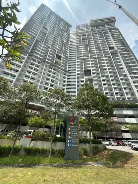 Exterior type: high-rise condominium; features: glass curtain wall, white painted facade, recessed balconies, landscaped garden area, manicured lawn, signage at entrance, multiple storeys, parking area, surrounded by greenery; style: modern.