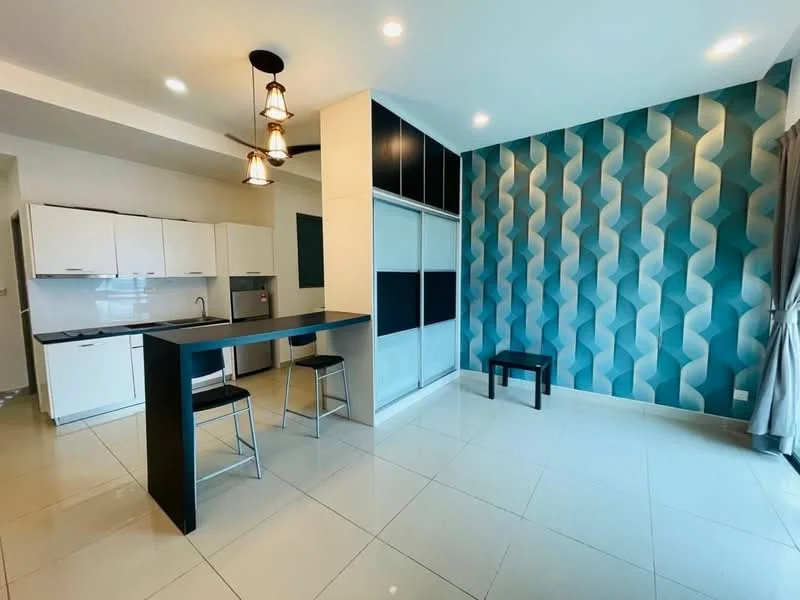 Living features: white cabinets, black countertop, stainless-steel sink, chrome faucet, open shelving, bar stools, pendant lighting, blue patterned accent wall, grey curtains, tile flooring, recessed lighting, open layout; style: modern.