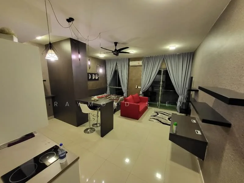 Living features: 3-seater red fabric sofa, black coffee table, area rug with geometric pattern, wall-mounted TV, floating shelves, floor-to-ceiling windows, grey curtains, ceiling fan with light, recessed downlights, kitchenette with white cabinetry, black countertop, stainless-steel sink, stove with 2 burners, bar-height dining table with 2 stools; style: modern; view: city.