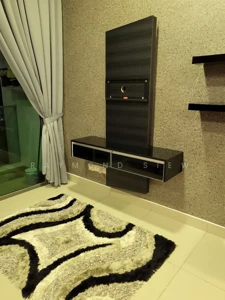 Living features: grey textured wall, black wall-mounted TV console, floating shelf, cream tiled flooring, area rug with abstract pattern, floor-to-ceiling curtains, large window, decorative wall panel; style: modern.