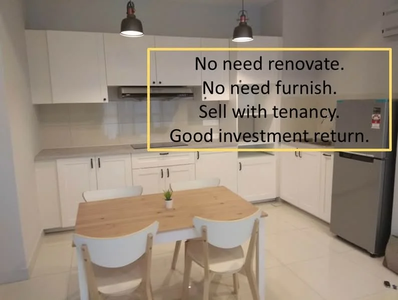 Kitchen features: white shaker cabinets, stainless-steel sink, chrome pull-down faucet, granite countertop, built-in oven, freestanding range oven, stainless-steel fridge, pendant lighting, ceramic tile flooring, wall-mounted range hood, open shelving, dining table with 4 chairs; style: modern.