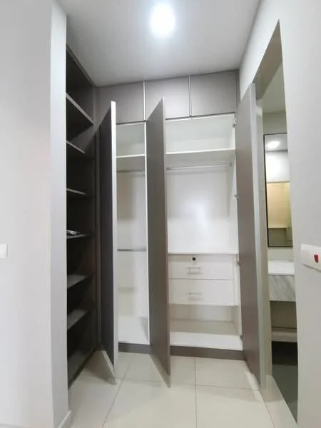 Room features: built-in wardrobe with sliding doors, open shelving, hanging space, drawers, neutral wall color, tile flooring, recessed ceiling lights; style: modern.