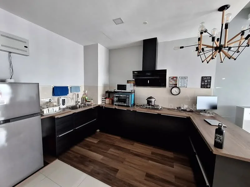 Kitchen features: black cabinetry, wood countertop, stainless-steel fridge, built-in oven, microwave, stainless-steel sink, chrome pull-down faucet, ceramic tile backsplash, 5-blade ceiling fan with light, recessed downlights, wall-mounted split AC, wood laminate flooring; style: modern.
