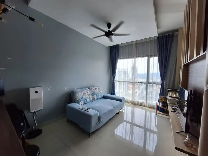 Living features: 3-seater fabric sofa in light blue, floor-to-ceiling windows, sheer curtains, ceiling fan, wall-mounted TV, TV console, decorative plants, glossy tile flooring, accent wall in grey, area rug; style: modern; view: city.