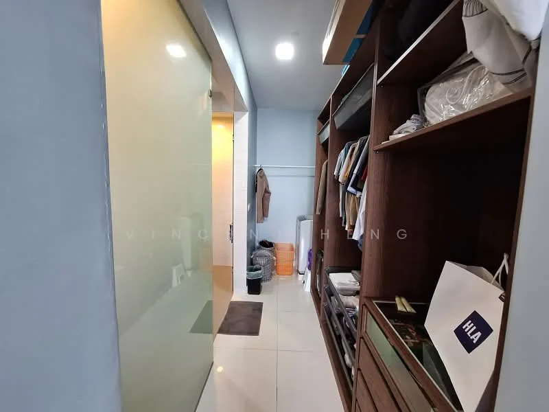 Room features: built-in wooden shelving, white painted walls, sliding glass door, tile flooring, recessed ceiling lights, laundry basket, folded towels, clothing storage, area rug, open layout; style: modern.