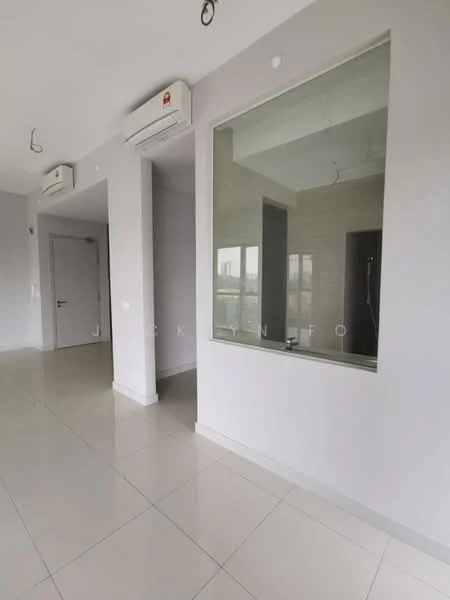 Room features: white painted walls, grey tiled flooring, 1 wall-mounted split AC, large window with view, recessed ceiling lights, door leading to another room, open space layout; style: modern; view: city.