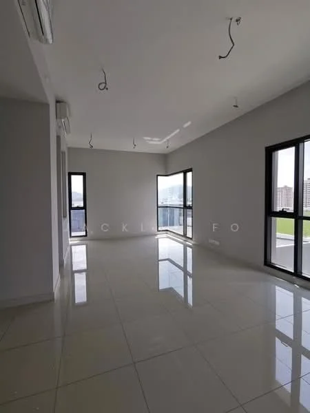 Living features: grey painted walls, glossy ceramic tile flooring, floor-to-ceiling windows, sliding glass door, recessed downlights, 2 wall-mounted split ACs, open layout, city view; style: modern; view: city.