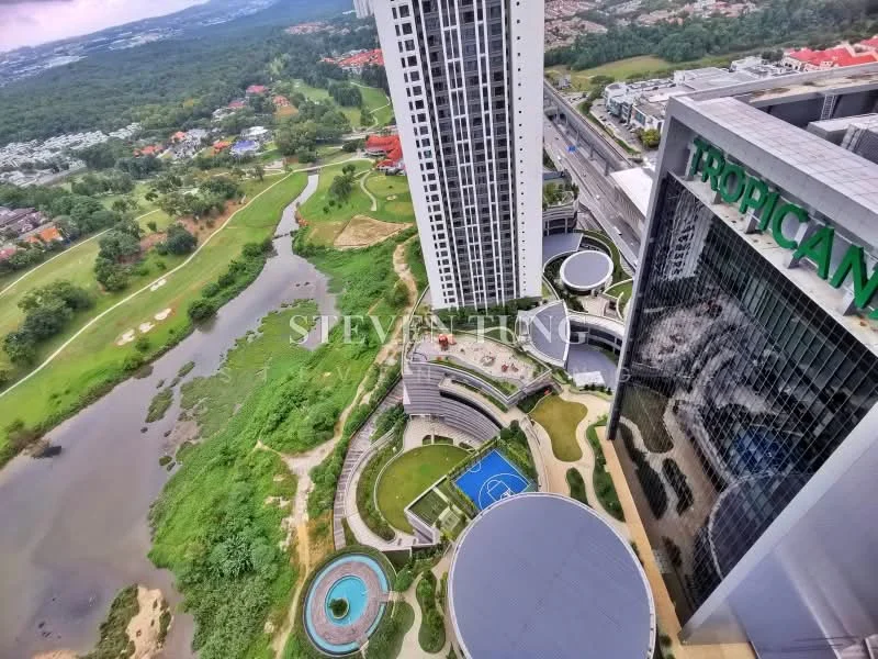 Exterior type: high-rise condominium; features: infinity pool, basketball court, landscape garden, manicured lawn, surrounded by greenery, water feature, children's playground, multi-storey car park; style: modern.