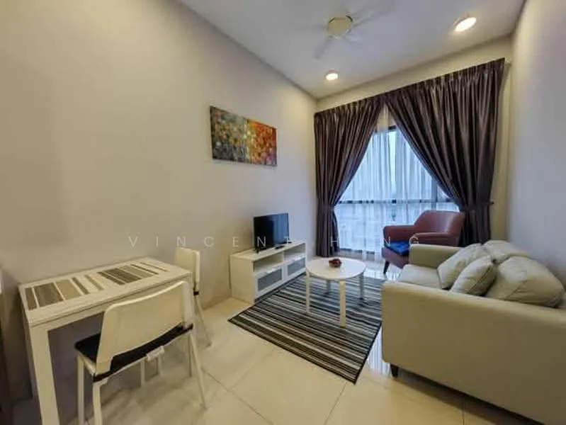 Living features: beige fabric sofa, white coffee table, TV console, wall-mounted TV, dining table for two, white dining chairs, striped area rug, floor-to-ceiling windows, curtains in dark grey, ceiling fan with light, decorative wall art, light-colored walls, tile flooring; style: modern.