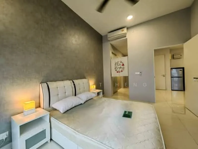 Bedroom features: king-size bed, upholstered headboard, 2 bedside tables, table lamps, wall-mounted air conditioning unit, ceiling fan, grey accent wall, white tiled flooring, built-in wardrobe, sliding door, decorative wall art; style: modern.