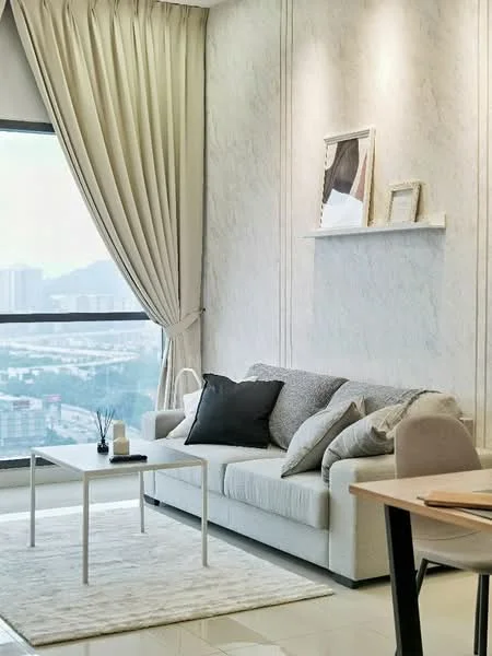 Living features: light grey fabric sofa, black and white decorative pillows, white coffee table, area rug with soft texture, floor-to-ceiling windows, sheer curtains, decorative wall shelf, framed artwork, city view, neutral wall colour, glossy tile flooring, small indoor plant; style: modern; view: city.
