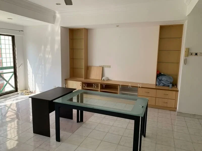 Living features: white painted walls, glossy tile flooring, ceiling fan, glass-top dining table, black wooden legs on table, built-in wooden shelving unit, natural light from window, sliding glass door, wooden window grille, neutral decor; style: modern; view: garden.